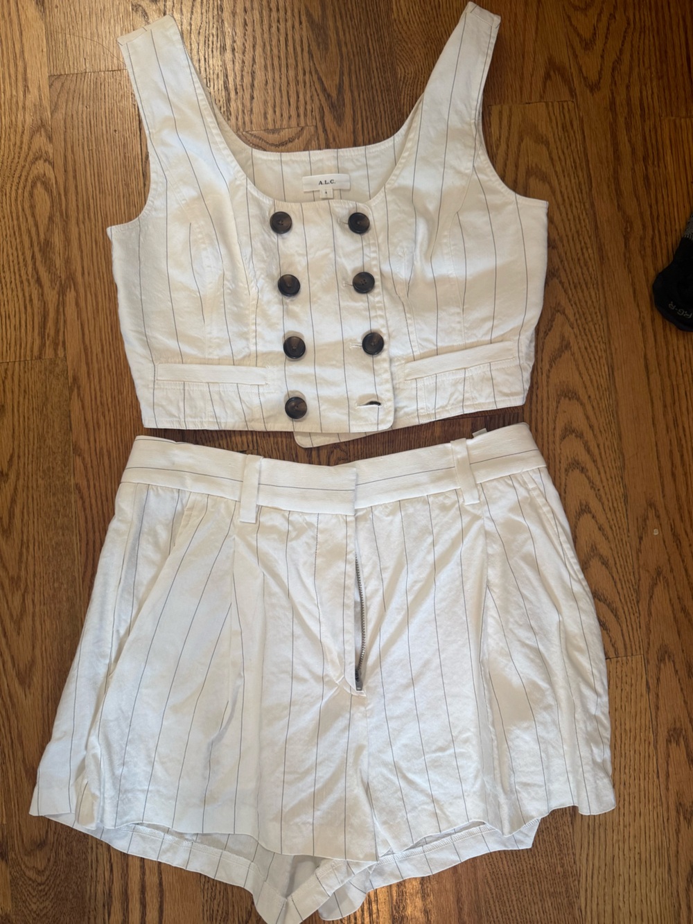 High-Waist White Pinstripe Linen-Blend Skirt with Button Detail
